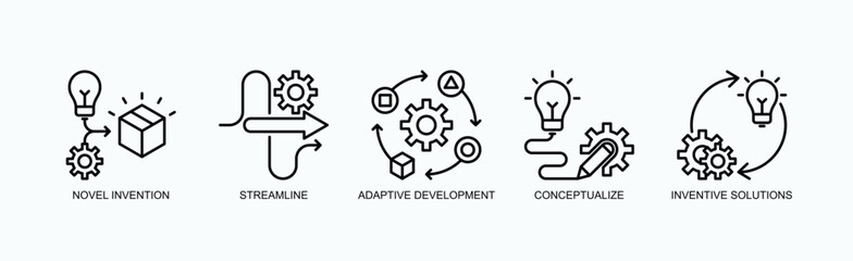 Ingenious Pathways Icon Set Isolated Vector With Icon Of Novel Invention, Streamline, Adaptive Development, Conceptualize, Inventive Solutions In Outline Style