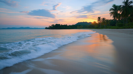 Serene Tropical Beach Sunrise With Calm Ocean Waves