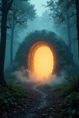 Obraz premium Mysterious fog swirling around a glowing portal entrance, haunting, ancient, forest