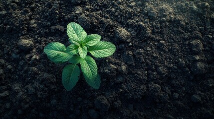 Young plant sprouting in dark soil, sunrise, growth