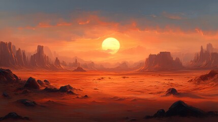Tranquil Sunset in the Desert - Minimalist Concept Art of Dramatic Sand Dunes with Serene Atmosphere