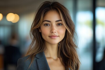 Fototapeta premium Businesswoman in Stylish Blazer Smiling in Modern Office Setting