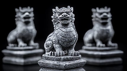 Obraz premium Ancient Stone Guardian Lions, Chinese Statues, Dark Background