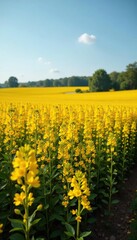 Fototapeta premium Dense rows of blooming rapeseed plants swaying in the breeze, field, petals