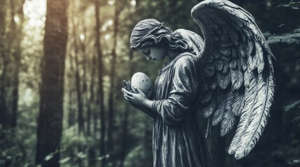 Angel Statue Holding Egg in Forest Setting