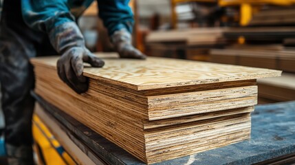 Worker handling stack of plywood sheets. Ideal for construction, DIY, and woodworking projects.