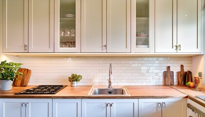 Fototapeta premium Modern kitchen with wood countertops and white cabinets.