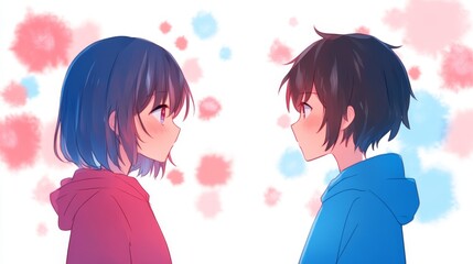 Anime Couple Shyly Facing Each Other Pastel Background