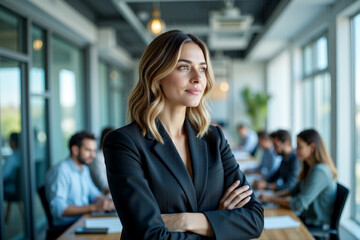 A confident woman in a business suit stands proudly with her team behind her. The nature of empowerment and teamwork, highlighting the power and influence of women in leadership roles.