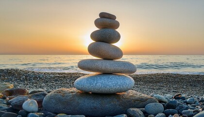 Fototapeta premium Serene sunset view with a balanced rock stack on the beach.