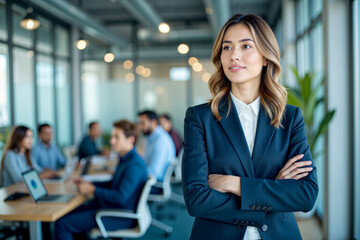 A confident woman in a business suit stands proudly with her team behind her. The nature of empowerment and teamwork, highlighting the power and influence of women in leadership roles.