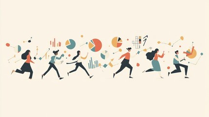 A flat vector illustration of several business people running around with pie charts and bar graphs, all on a light beige background.