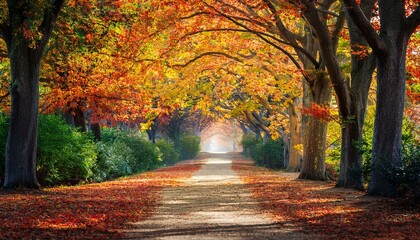 Autumnal path lined with vibrant trees, sunlight filtering through leaves.