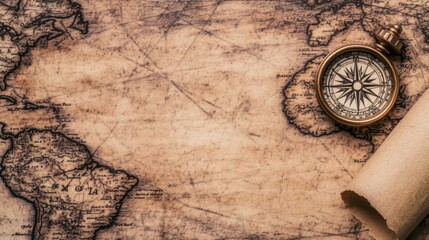 Antique Compass on Vintage World Map Background