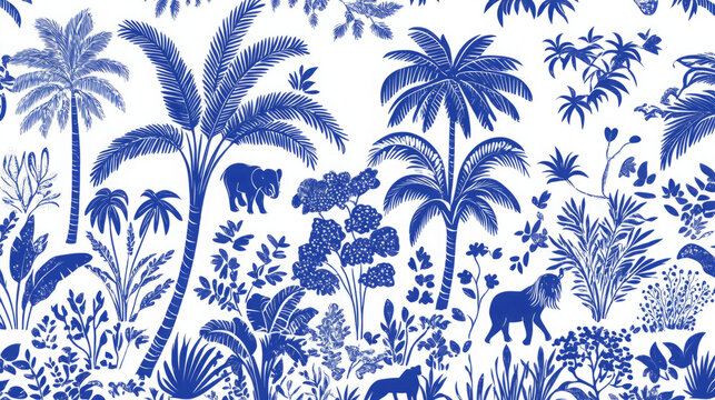 exquisite blue and white tropical print animal and plant pattern with palm trees and jungle motifs perfect for fabrics, wallpapers, and interior decor showcasing exotic wildlife and flora