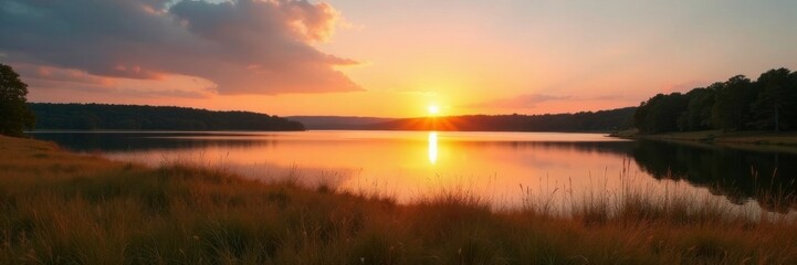 Open field with a serene and calm lake at sunset, natural scenery, serene water