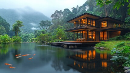 Fototapeta premium Modern jungle house, lake, misty mountains, evening, serenity