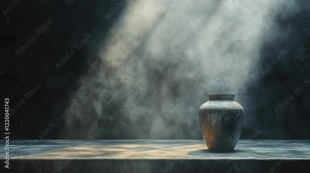 Poster Dark Moody Still Life with Minimalist Table and Luxury Countertop Presentation in Empty Studio