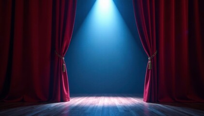 Open theater curtains with a bright spotlight shining through the gap, spotlight, illuminate