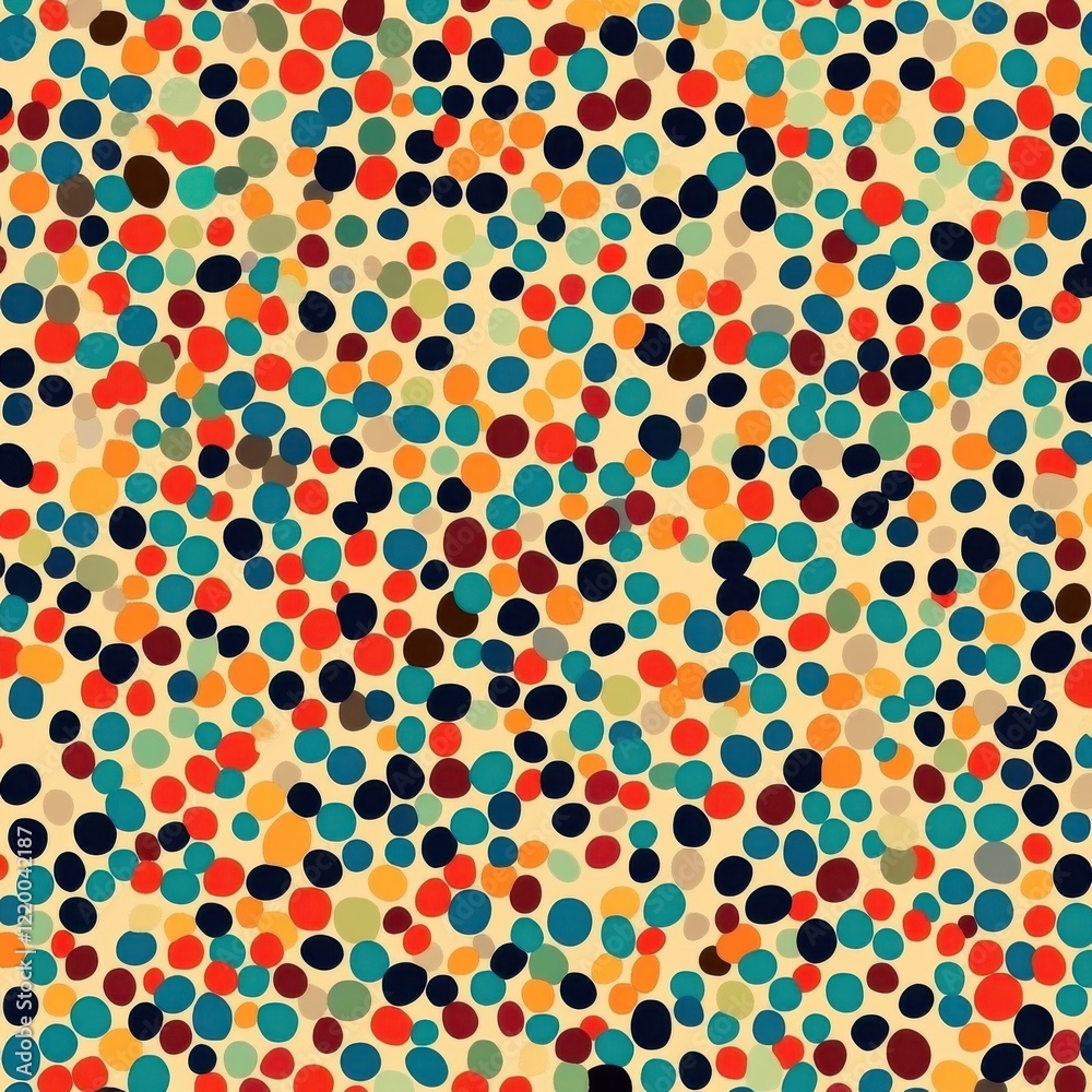 Poster vibrant kaleidoscopic pattern with overlapping colored circles and dots on retro styled background
