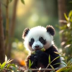 Cute baby panda eating bamboo, realistic details, warm colors and soft background. Generative AI.