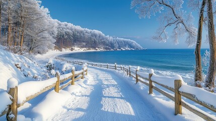 Obraz premium Snowy coastal path, winter ocean view, tranquil scene