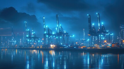 Fototapeta premium Night view of illuminated cargo port cranes. Ideal for illustrating global trade, logistics, or industrial themes.