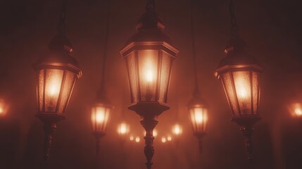 Antique Lanterns Glow in Misty Night Scene