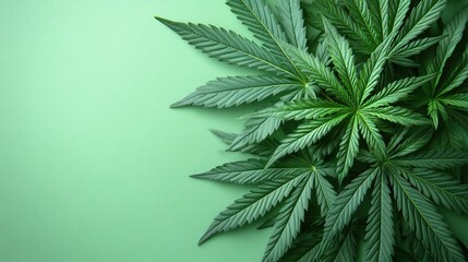 Close-up of cannabis leaves on a pastel green background. This image emphasizes the natural health and botanical aspects of cannabis, highlighting its use in medicinal and wellness practices.