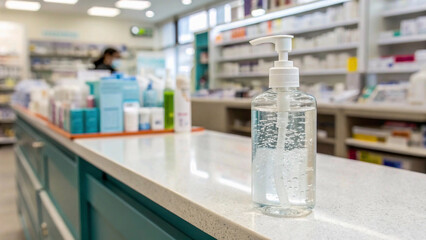clear bottle of sanitizer with a dropper cap sits on a countertop,health care, sanitation in a well-organized pharmacy