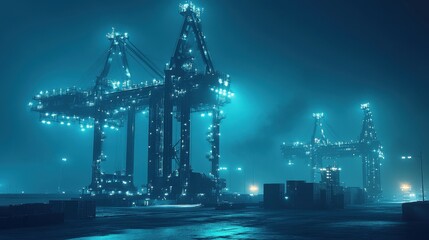 Nighttime harbor with illuminated cranes. Illustrates global trade, industry, and transport.