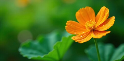 Orange flower on a green pumpkin vine with dew, dewy pumpkins, pumpkin vines, blossoms