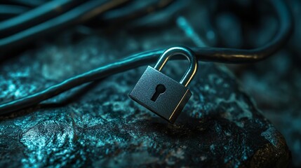 A padlock is shown attached to a cable on a rough surface, emphasizing digital security, data protection, and secure connections.