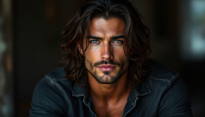 Close-up portrait of a captivating man with long hair and piercing blue eyes