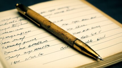 Fototapeta premium Antique Pen Rests on Vintage Notebook with Handwritten Notes
