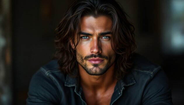 Close-up portrait of a captivating man with long hair and piercing blue eyes