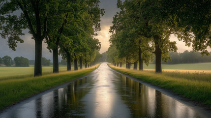 Obraz premium Scenic Country Road With Trees And Reflections After Rain