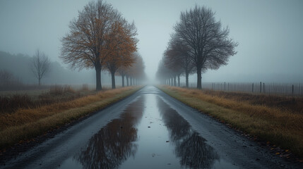 Misty Autumn Road With Trees And Reflections
