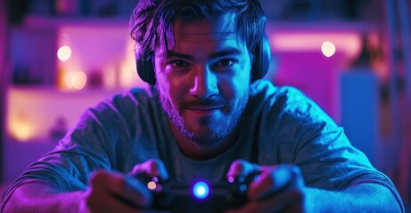 Happy young Asian gamer enjoying online competition with smartphone in colorful neon lit living room at night during home quarantine streaming game