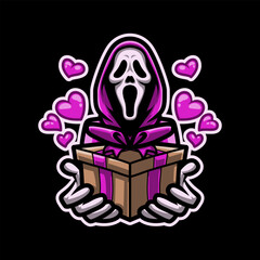 Skull Killer In Love Give a Gift Mascot Vector Illustration is perfect for your brand business
