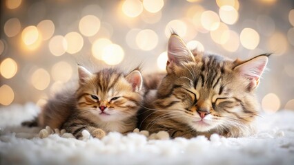 Adorable Sleeping Brown Cat with Bokeh Effect - Cute Kitten Isolated on White Background, Perfect for Pet Lovers and Animal Enthusiasts, Capturing the Essence of Cozy Moments