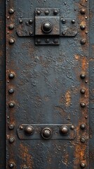 Rusty metal plate with rivets and bolts on textured background