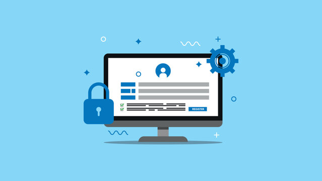 Register new account, registration form or submission, sign up online infromation, apply new job or membership, self service concept on display computer.. Flat design vector illustration