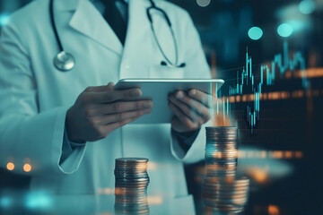 A medical professional analyzes financial data on a tablet, surrounded by stacks of coins, symbolizing the intersection of healthcare and finance.