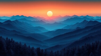 Fototapeta premium Magical Sunrise over Cartoon Mountain Range with Ethereal Glow