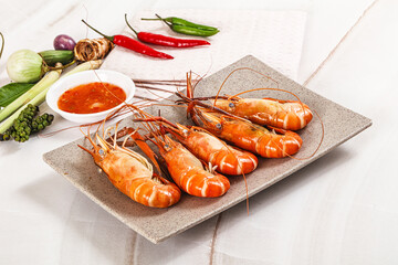 Boiled tiger prawn with sauce