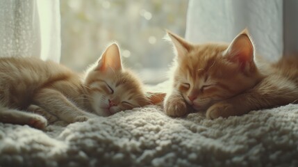 Puppy and kitten sleeping peacefully on a soft blanket, radiating warmth and serenity.