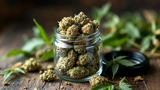 Fresh cannabis buds in glass jar with rustic background and natural lighting