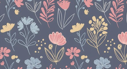 Simple, hand-drawn floral elements in soft colors, perfectly tiled for seamless use
