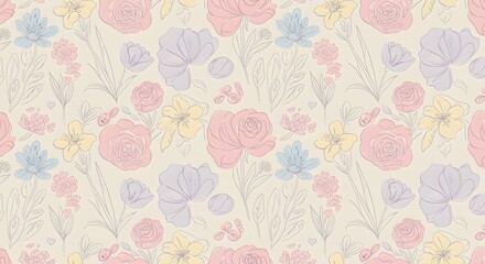 Simple, hand-drawn floral elements in soft colors, perfectly tiled for seamless use
